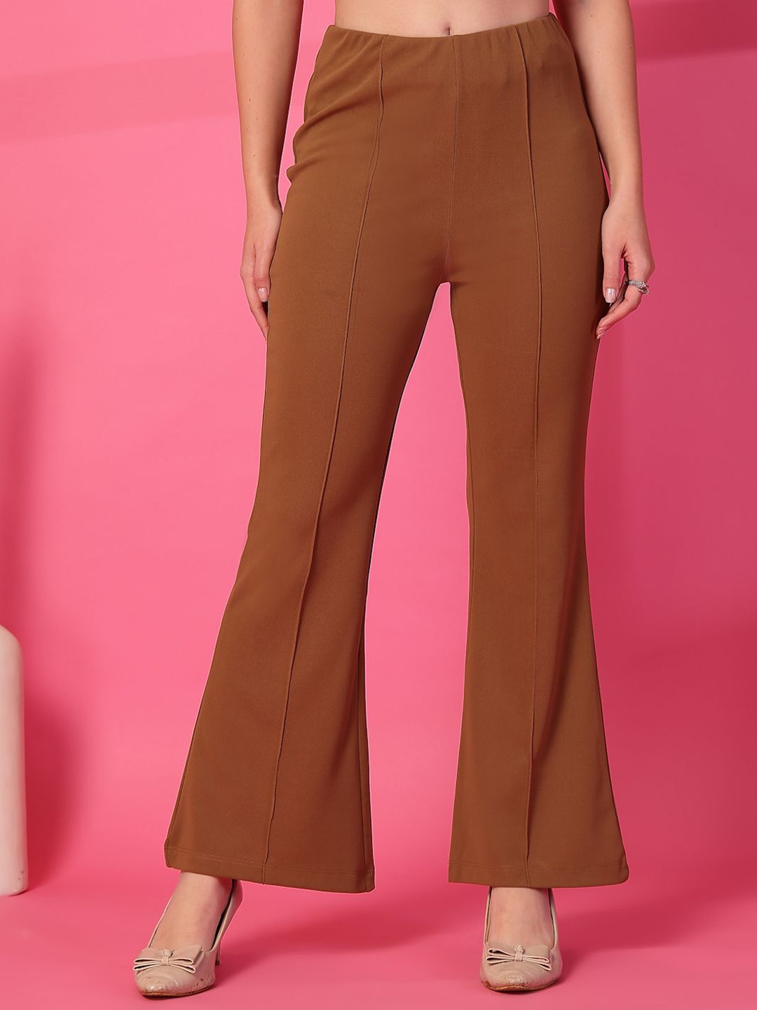 

plusS Women Flared Pleated Trousers, Brown
