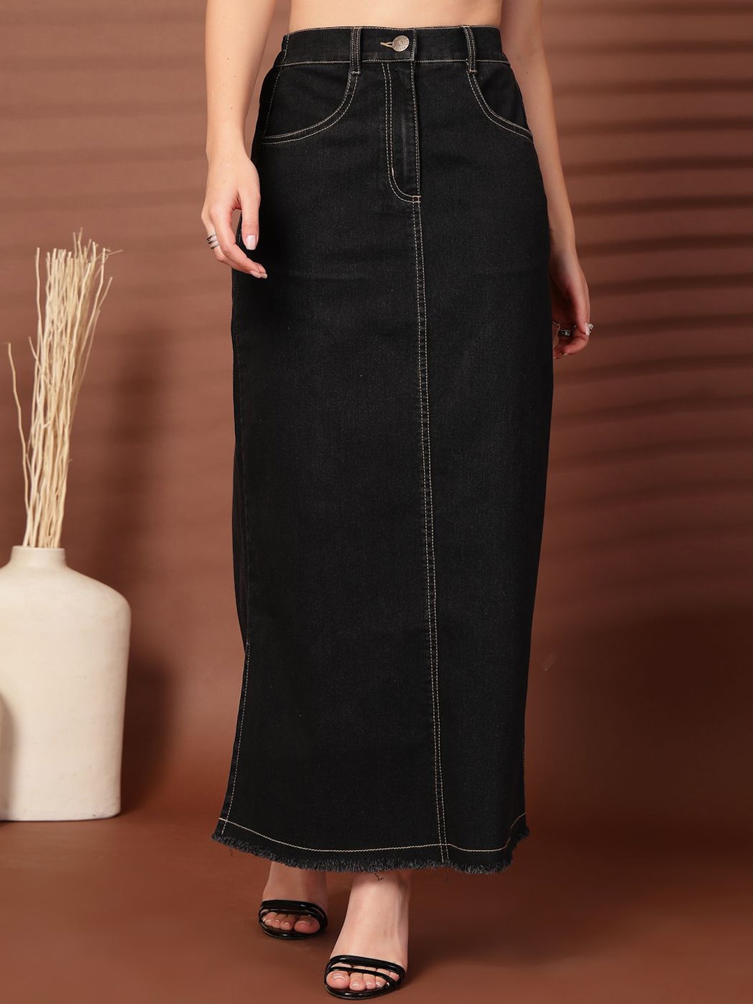 

plusS Women Denim Pencil Side Slit Maxi Skirts, Black