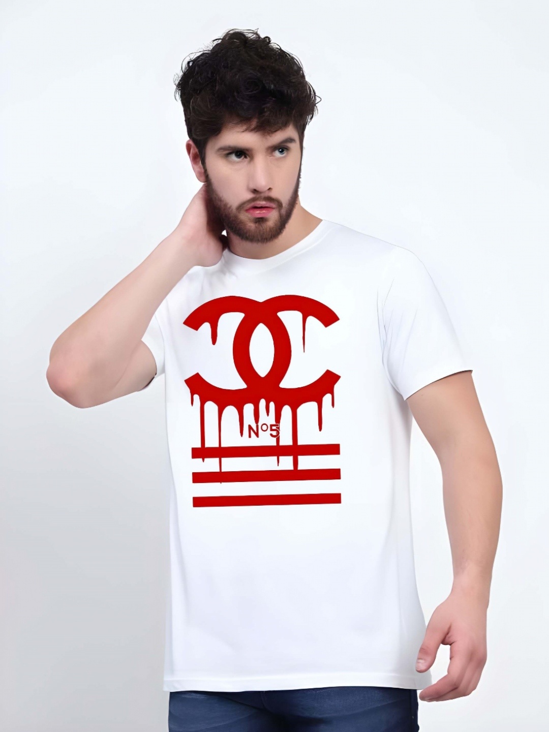 

BOWLIFESTYLE Men Graphic Printed Round Neck Pure Cotton T-shirt, White