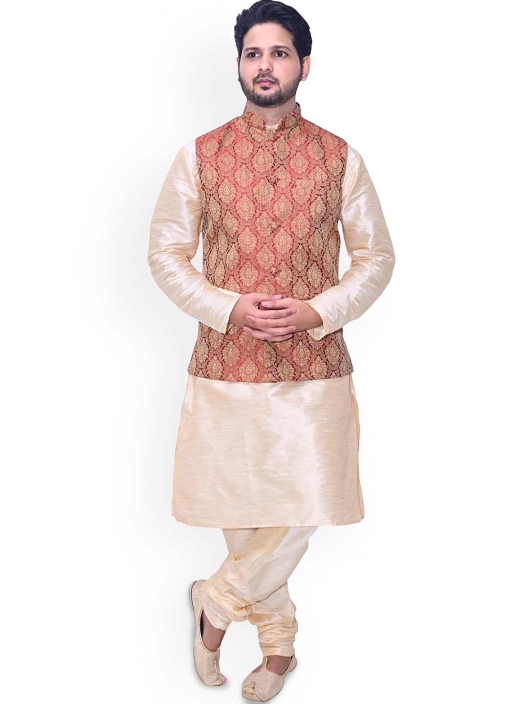 

Om Shubh Mangalam Mandarin Collar Silk Straight Kurta With Pyjamas And Nehru Jacket, Gold