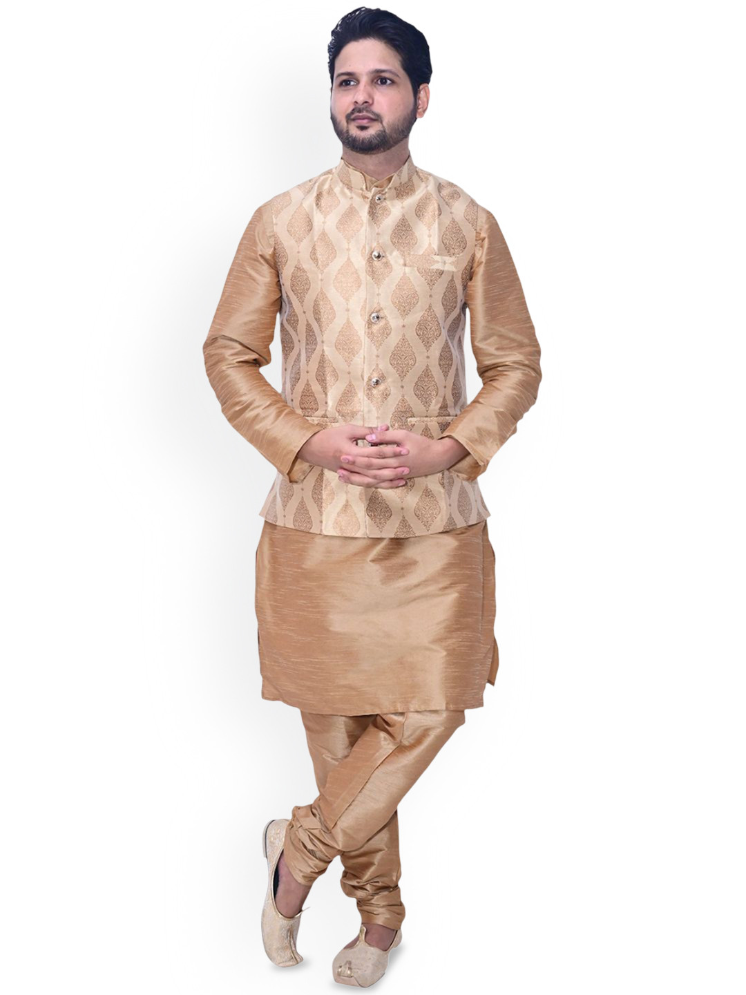 

Om Shubh Mangalam Mandarin Collar Silk Straight Kurta With Pyjamas And Nehru Jacket, Brown