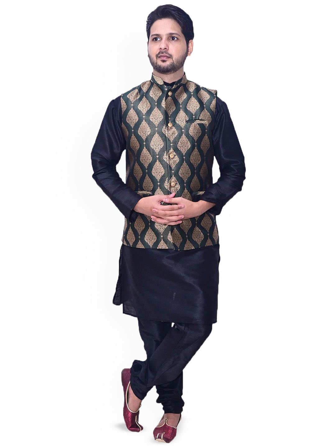 

Om Shubh Mangalam Mandarin Collar Silk Straight Kurta With Pyjamas And Nehru Jacket, Black