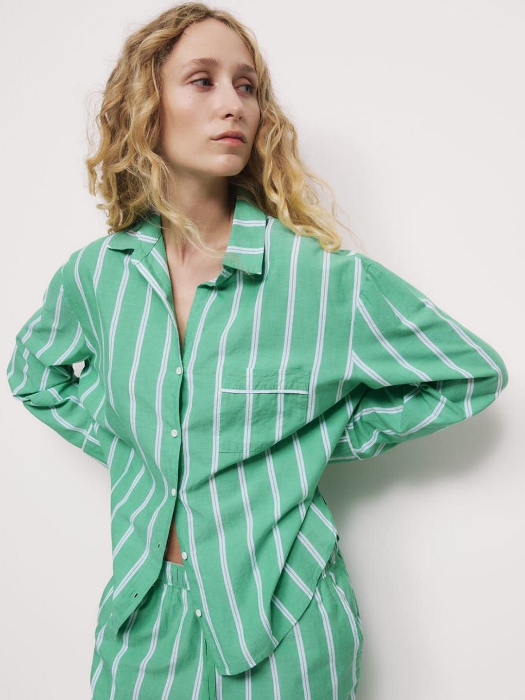 

Marks & Spencer Women Striped Pure Cotton Lounge Shirt, Green