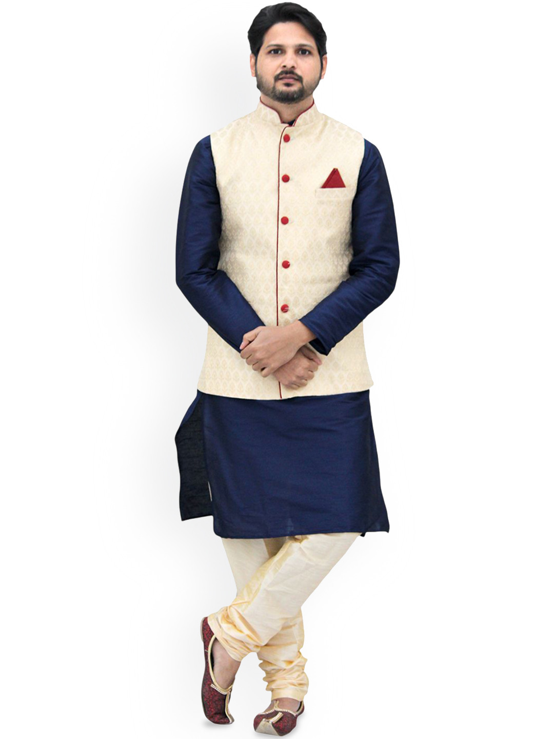 

Om Shubh Mangalam Mandarin Collar Silk Straight Kurta With Pyjamas And Nehru Jacket, Navy blue