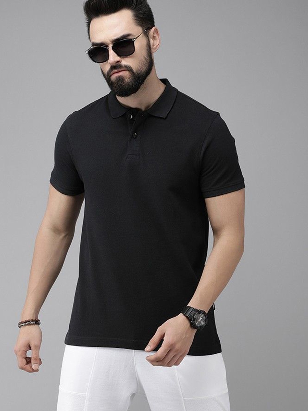 

GET GOLF Men Solid Polo Collar Cotton T-shirt, Black
