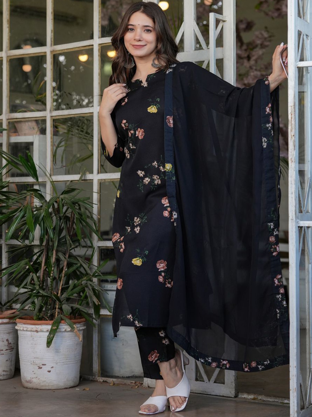 

KALINI Floral Printed Notch Neck Straight Kurta With Trousers And Dupatta, Black