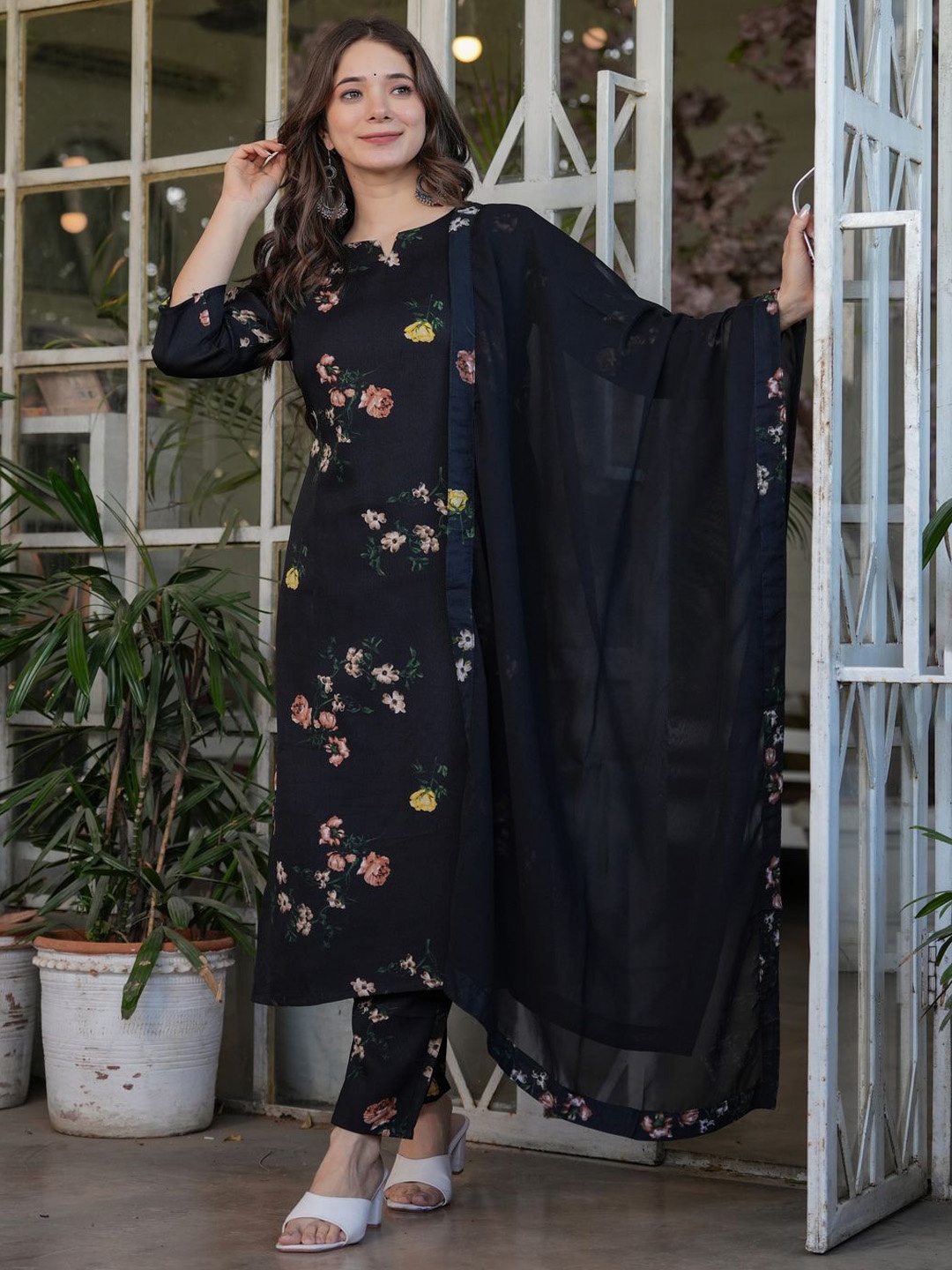 

KALINI Floral Printed Notch Neck Straight Kurta With Trouser & Dupatta, Black