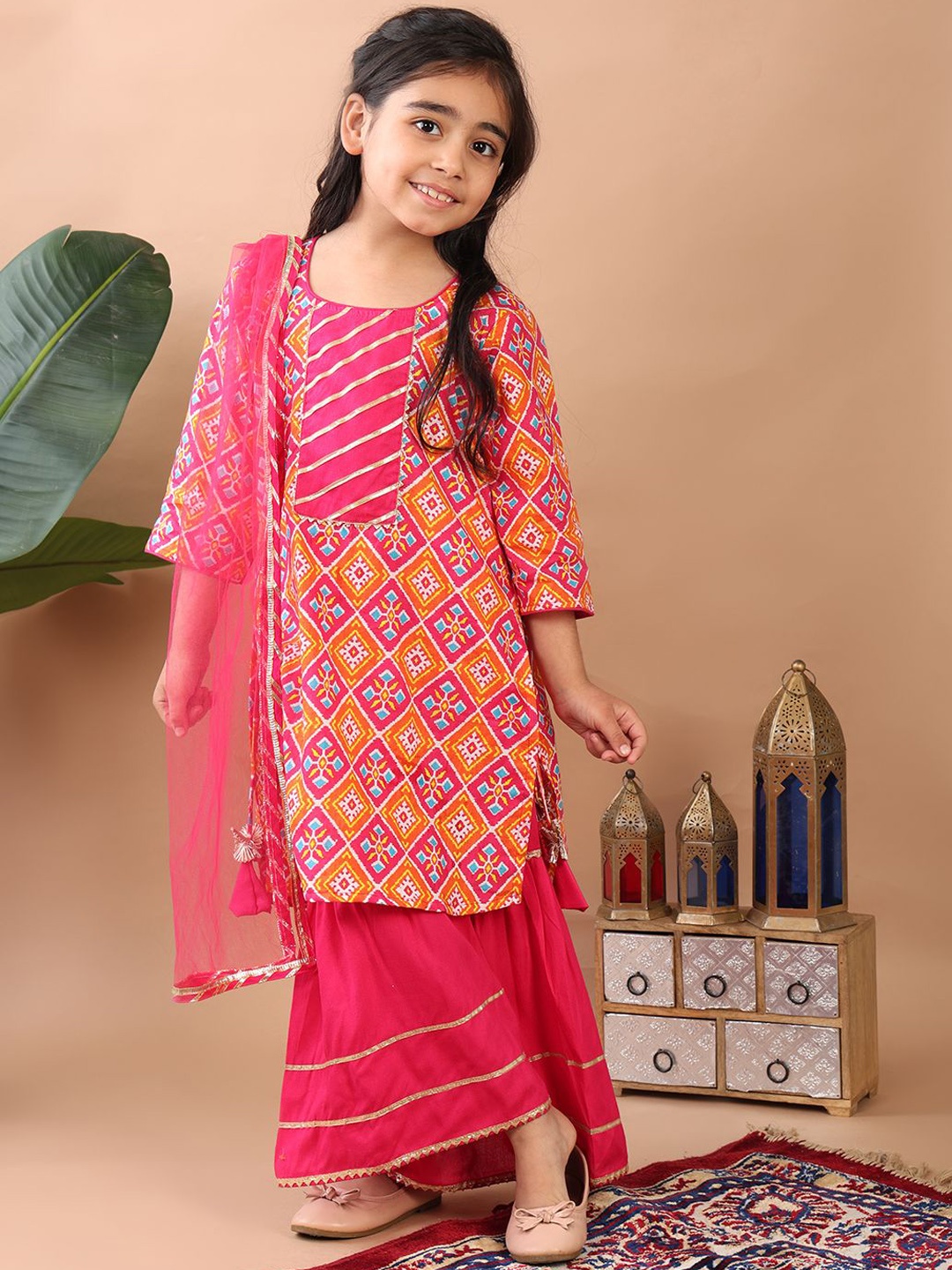 

Sangria Girls Pink Ethnic Motifs Printed Cotton Straight Kurta With Sharara & Dupatta