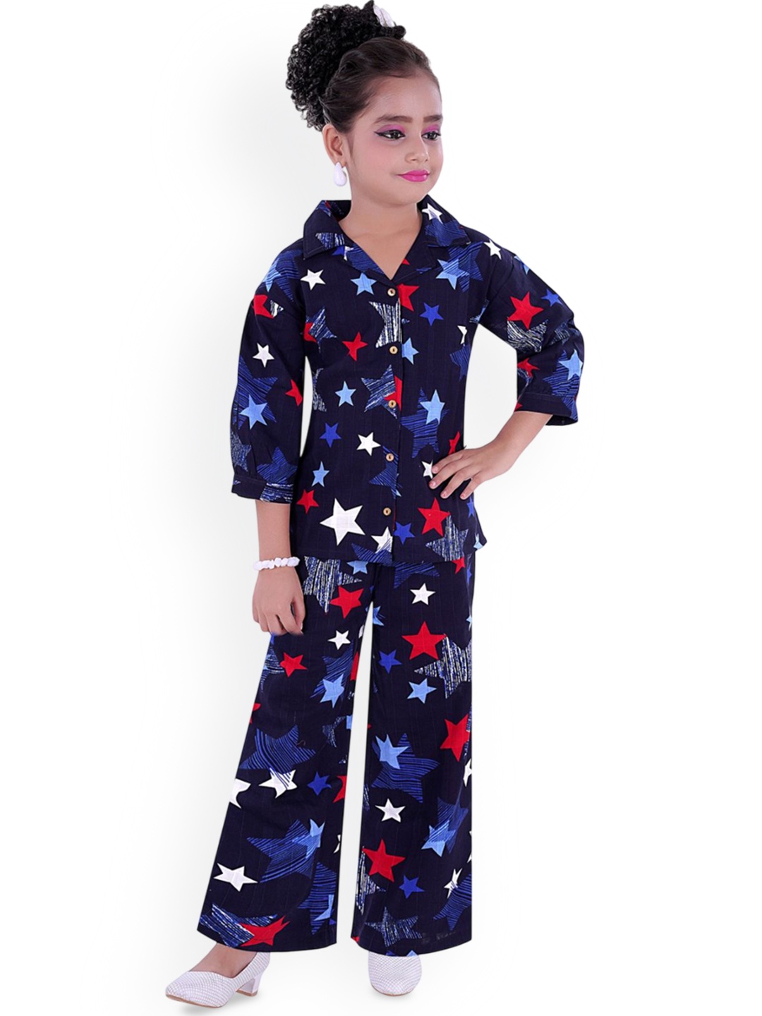 

ZACKBEE Girls Printed Shirt With Trousers, Blue