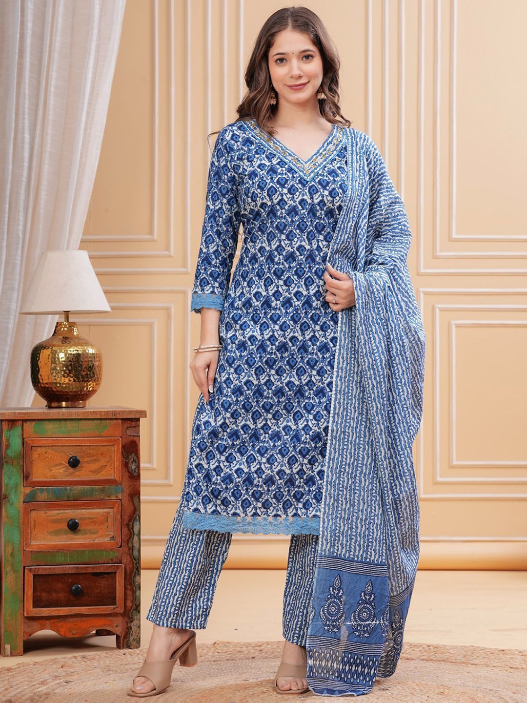 

FCV Geometric Printed Pure Cotton Beads And Stones V-Neck Kurta With Trouser & Dupatta, Blue