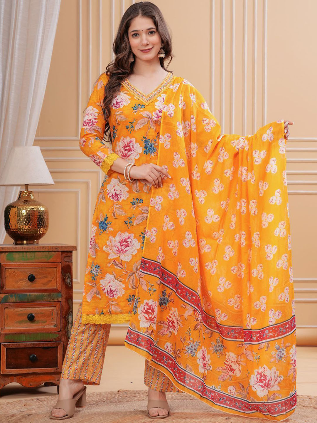 

FCV Floral Printed Pure Cotton Beads And Stones V-Neck Kurta With Trouser & Dupatta, Yellow