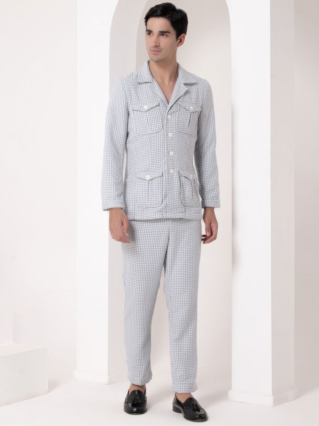 

HOUSE OF S Checked Printed Shirt Collar Shirt With Trousers, Blue