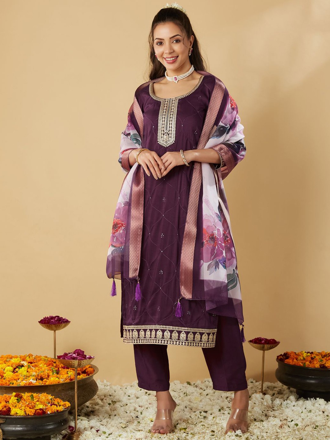 

MOKOSH Ethnic Motifs Embroidered Sequinned Straight Kurta With Trousers & Dupatta, Purple