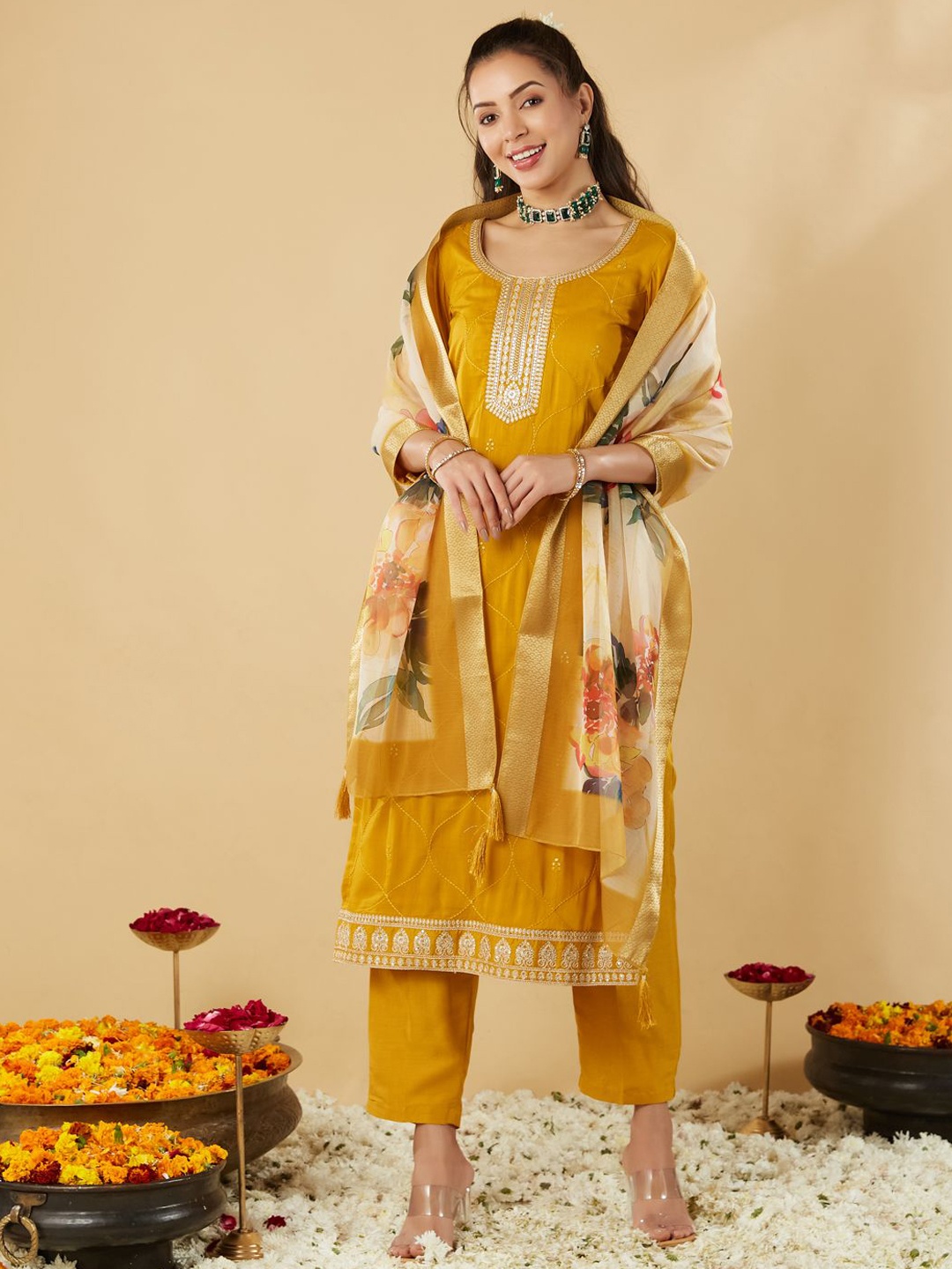 

MOKOSH Ethnic Motifs Embroidered Sequinned Straight Kurta With Trousers & Dupatta, Mustard