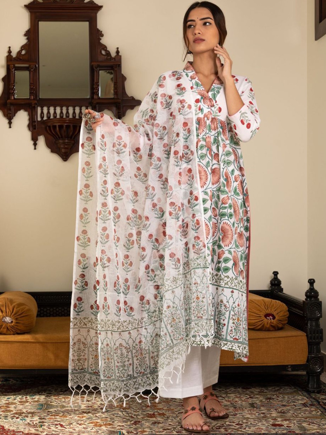 

NAINVISH Floral Printed Pleated V-Neck A-Line Kurta With Trousers And Dupatta, White