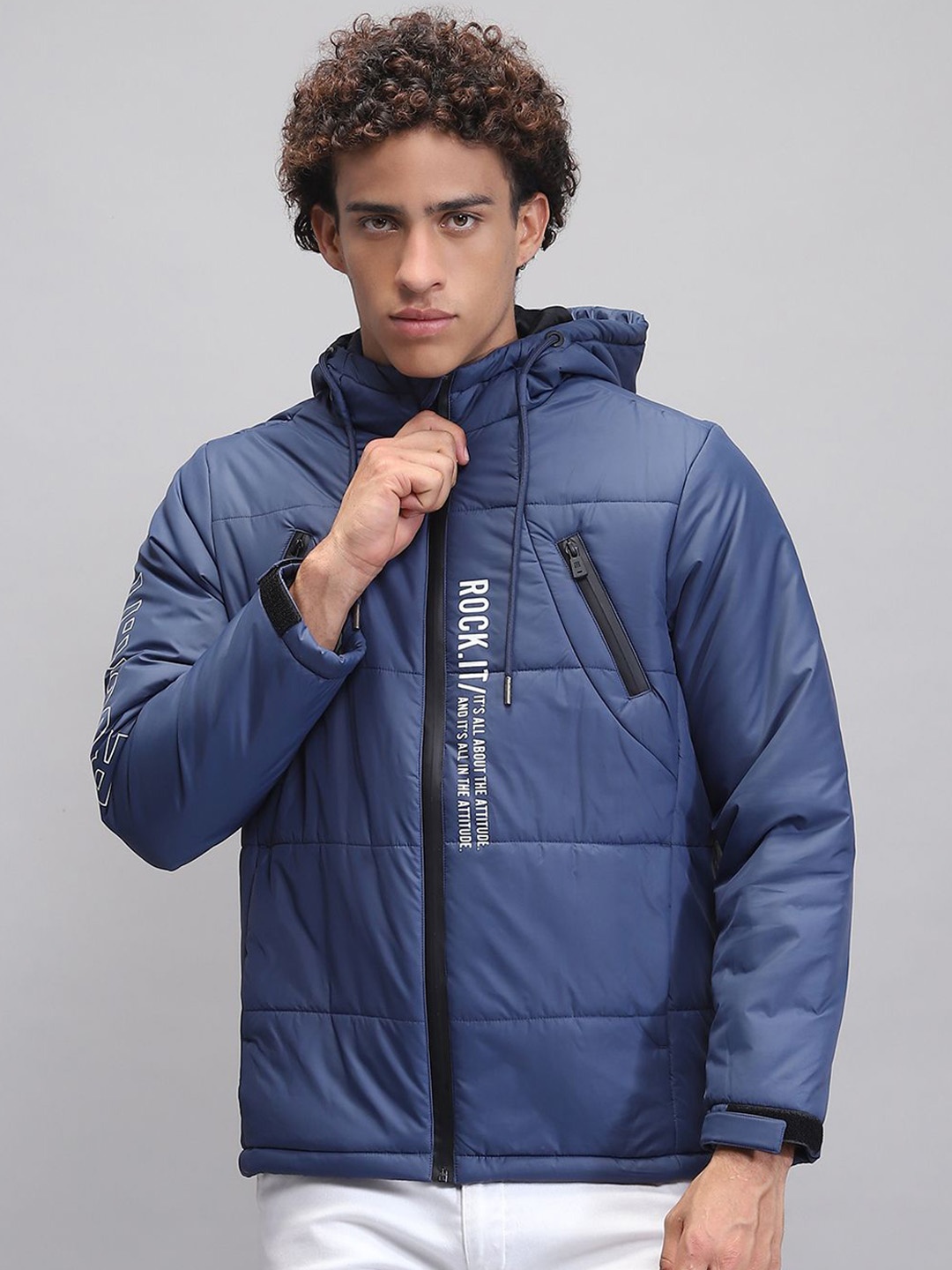 

rock.it Men Hooded Typography Printed Casual Lightweight Padded Jacket, Navy blue