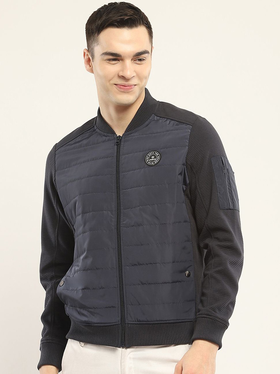 

rock.it Men Stand Collar Colourblocked Casual Lightweight Padded Jacket, Navy blue