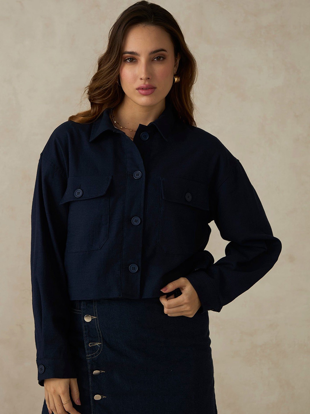 

Virgio Women Rome Navy Blue Cropped Jacket