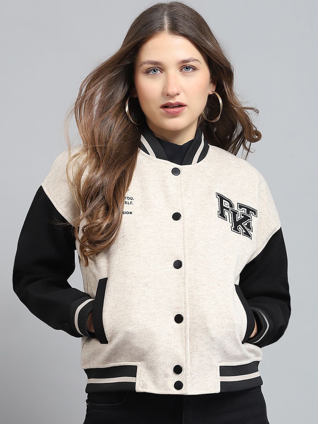 

rock.it Women Stand Collar Colourblocked Casual Lightweight Varsity Jacket, Cream