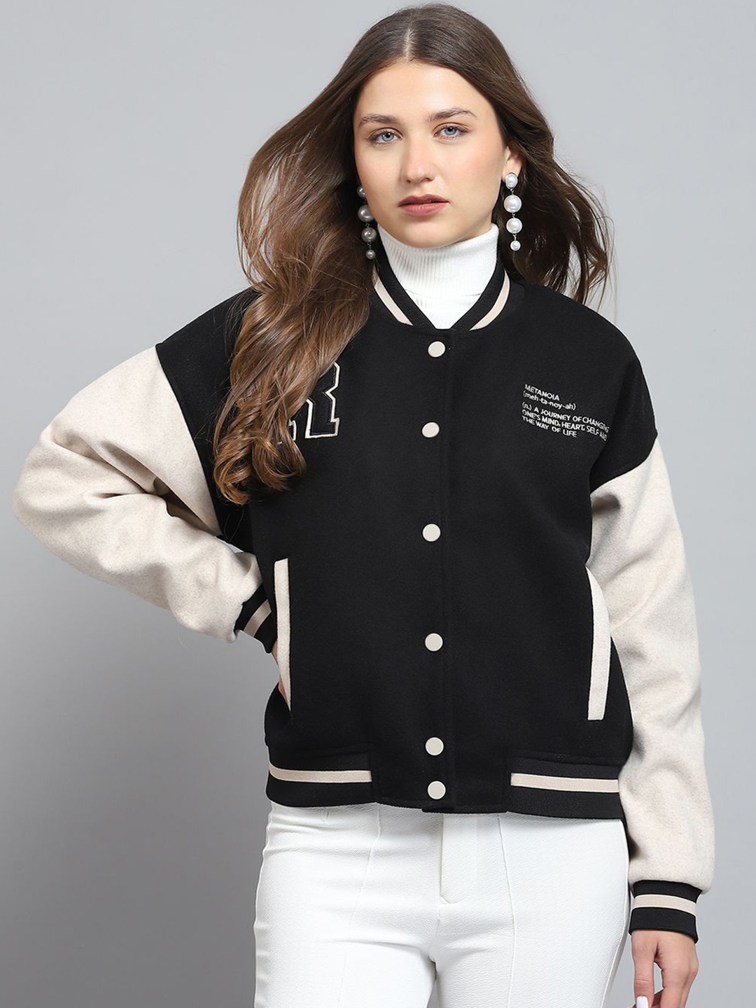 

rock.it Women Stand Collar Colourblocked Casual Lightweight Varsity Jacket, Black