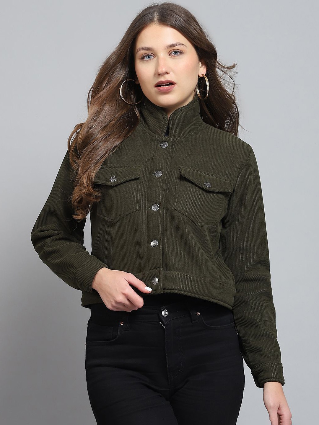

rock.it Women Mandarin Collar Self Design Casual Lightweight Tailored Jacket, Olive