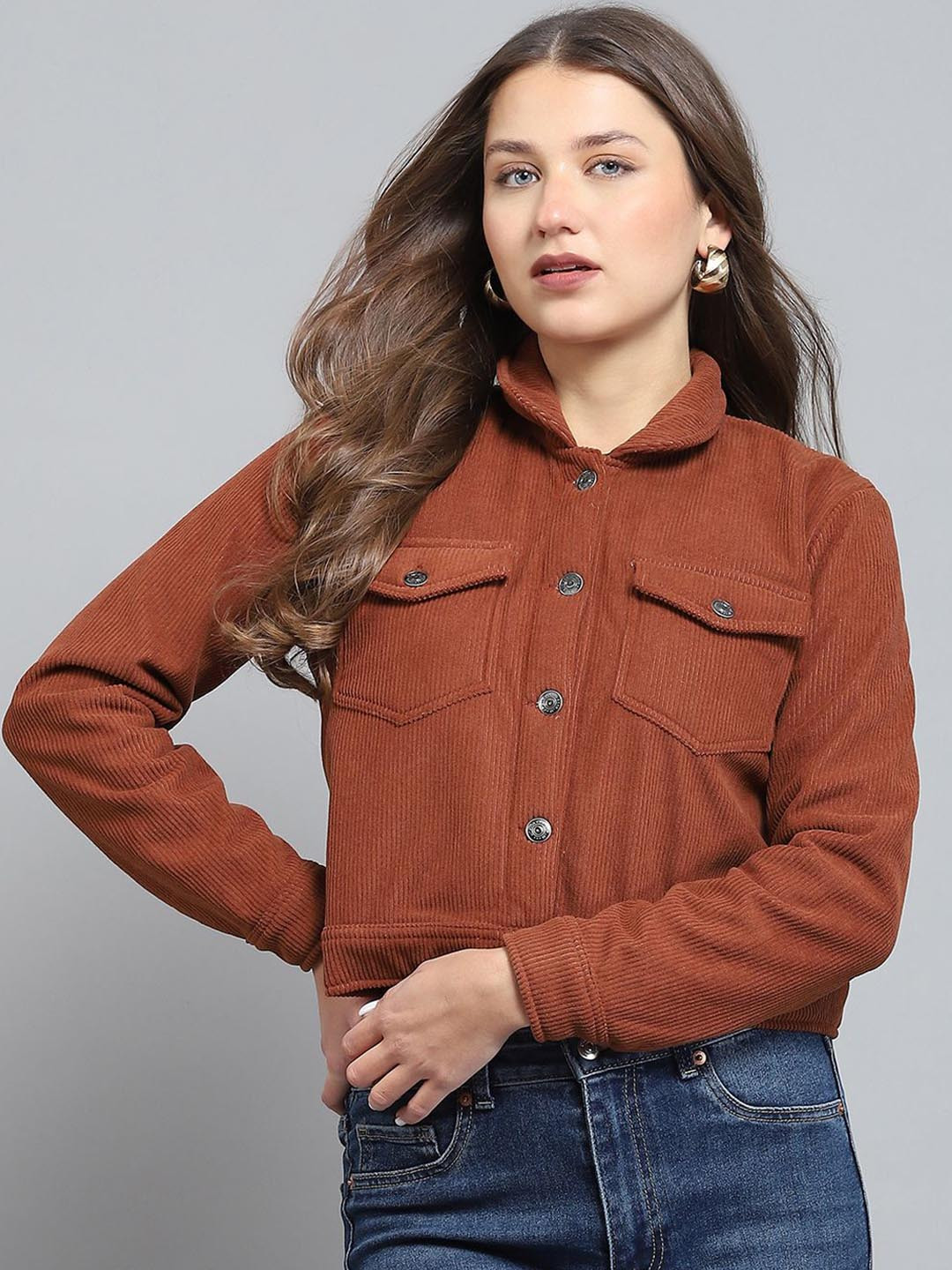 

rock.it Women Self Design Spread Collar Casual Jacket, Brown
