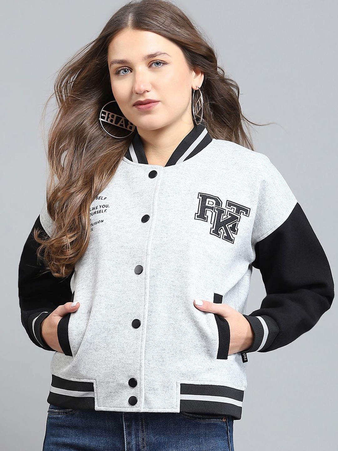 

rock.it Women Stand Collar Colourblocked Casual Lightweight Bomber Jacket, Off white
