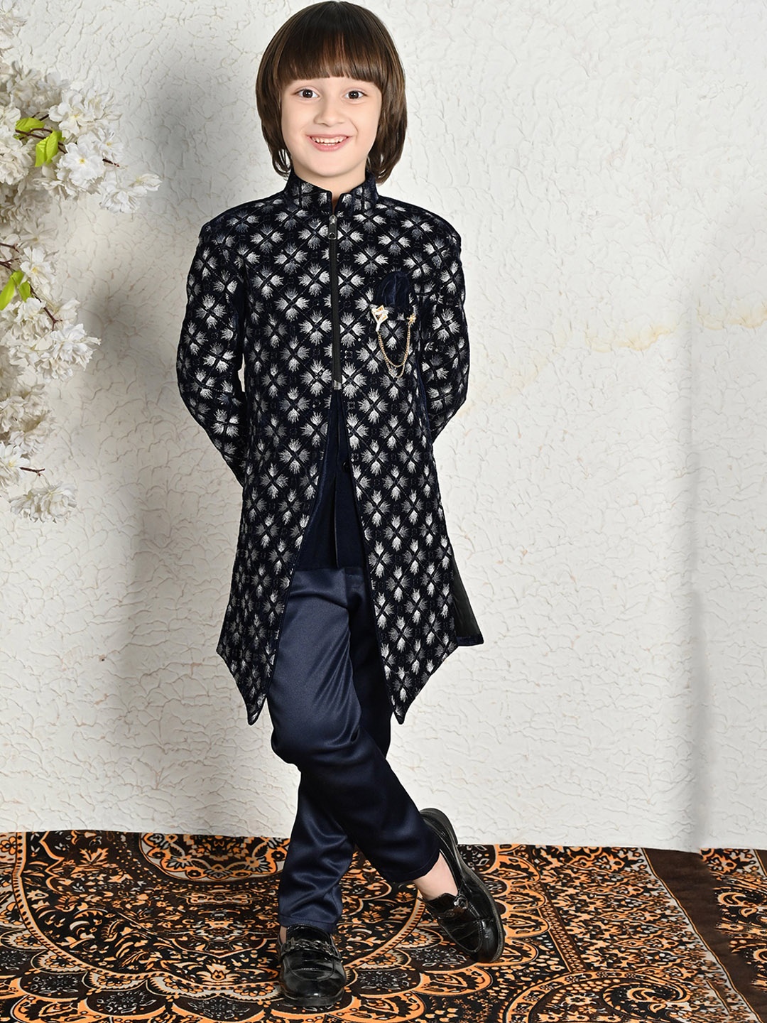 

ahhaaaa Boys Embroidered Sherwani Set, Navy blue