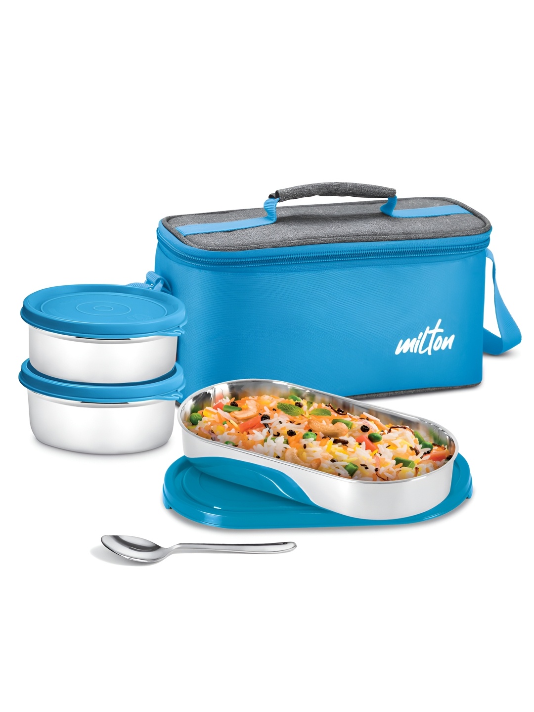 

Milton Steel Champ Lunch Box 2 Round Inner Steel Containers 340ml & Oval 450ml Cutlery Bag, Blue