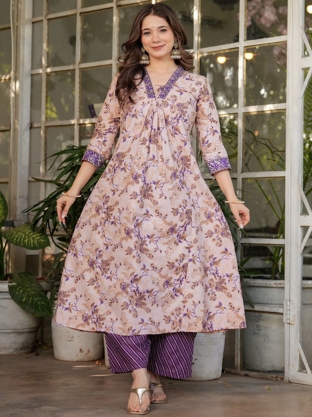 

KALINI Floral Printed V-Neck Pleated Pure Cotton A-Line Kurta With Trouser & Dupatta, Cream
