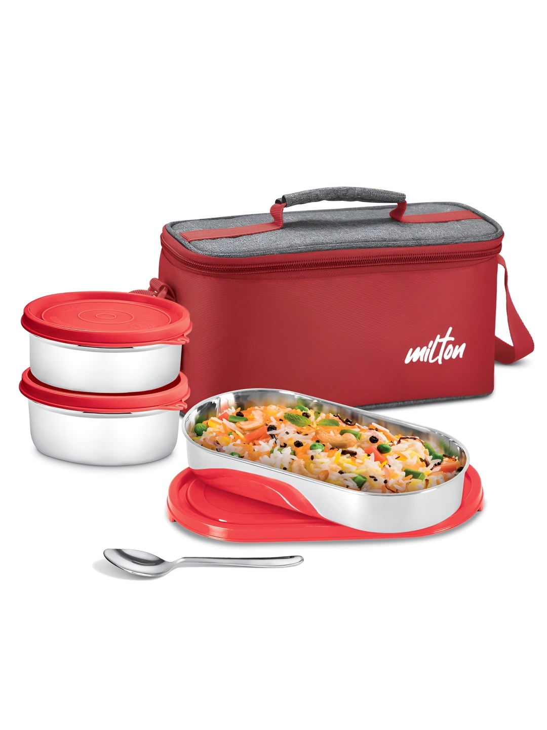 

Milton Steel Champ Lunch Box 2 Round Inner Steel Containers 340ml & Oval 450ml Cutlery Bag, Red