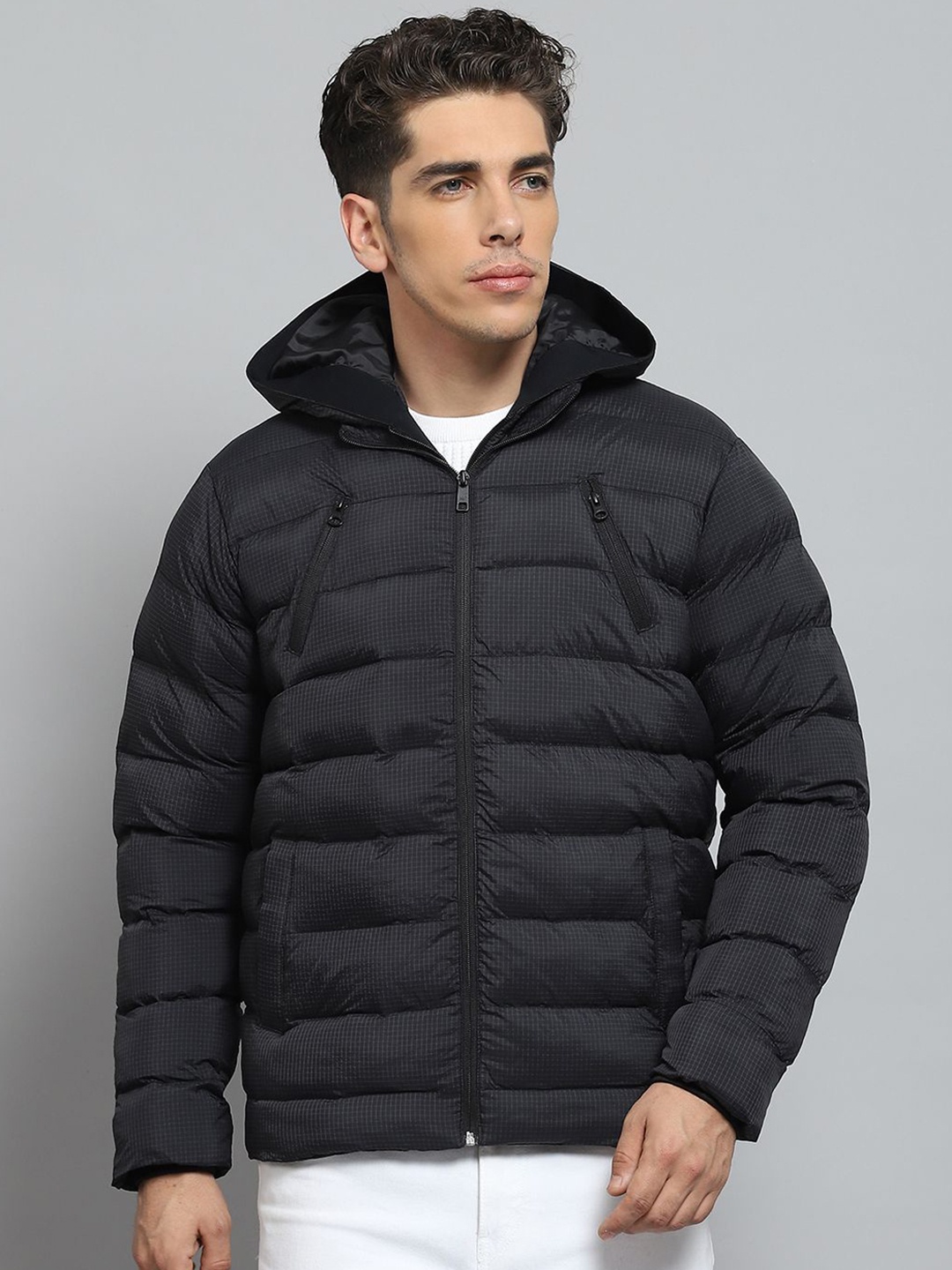 

Monte Carlo Men Hooded Checked Casual Lightweight Puffer Jacket, Black