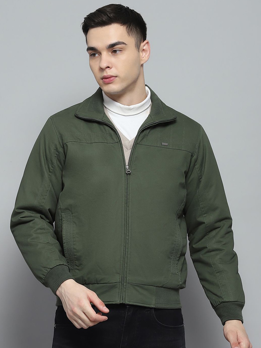 

Monte Carlo Men Mock Collar Solid Cotton Casual Lightweight Bomber Jacket, Olive