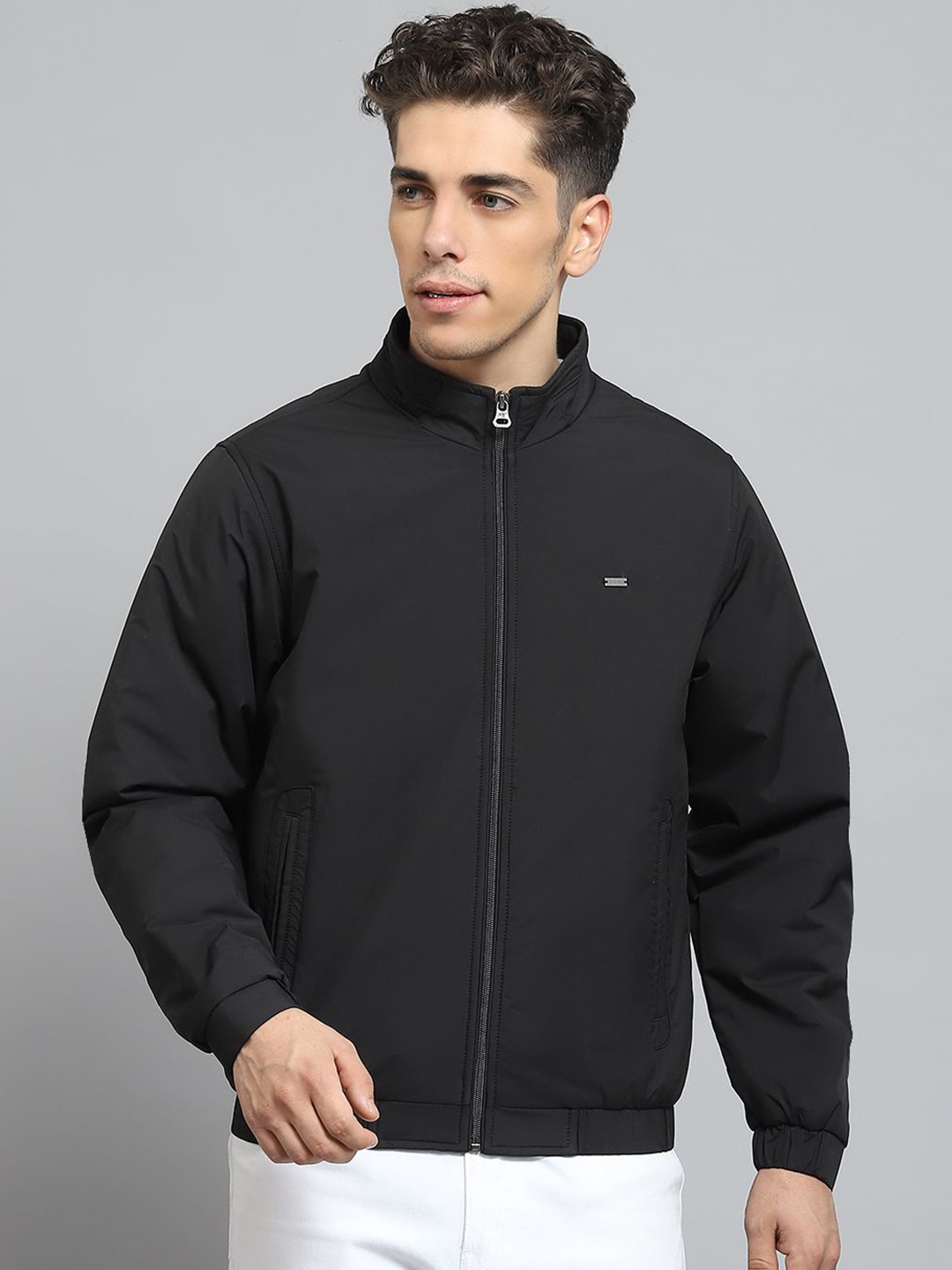 

Monte Carlo Men Mock Collar Solid Cotton Casual Lightweight Bomber Jacket, Black