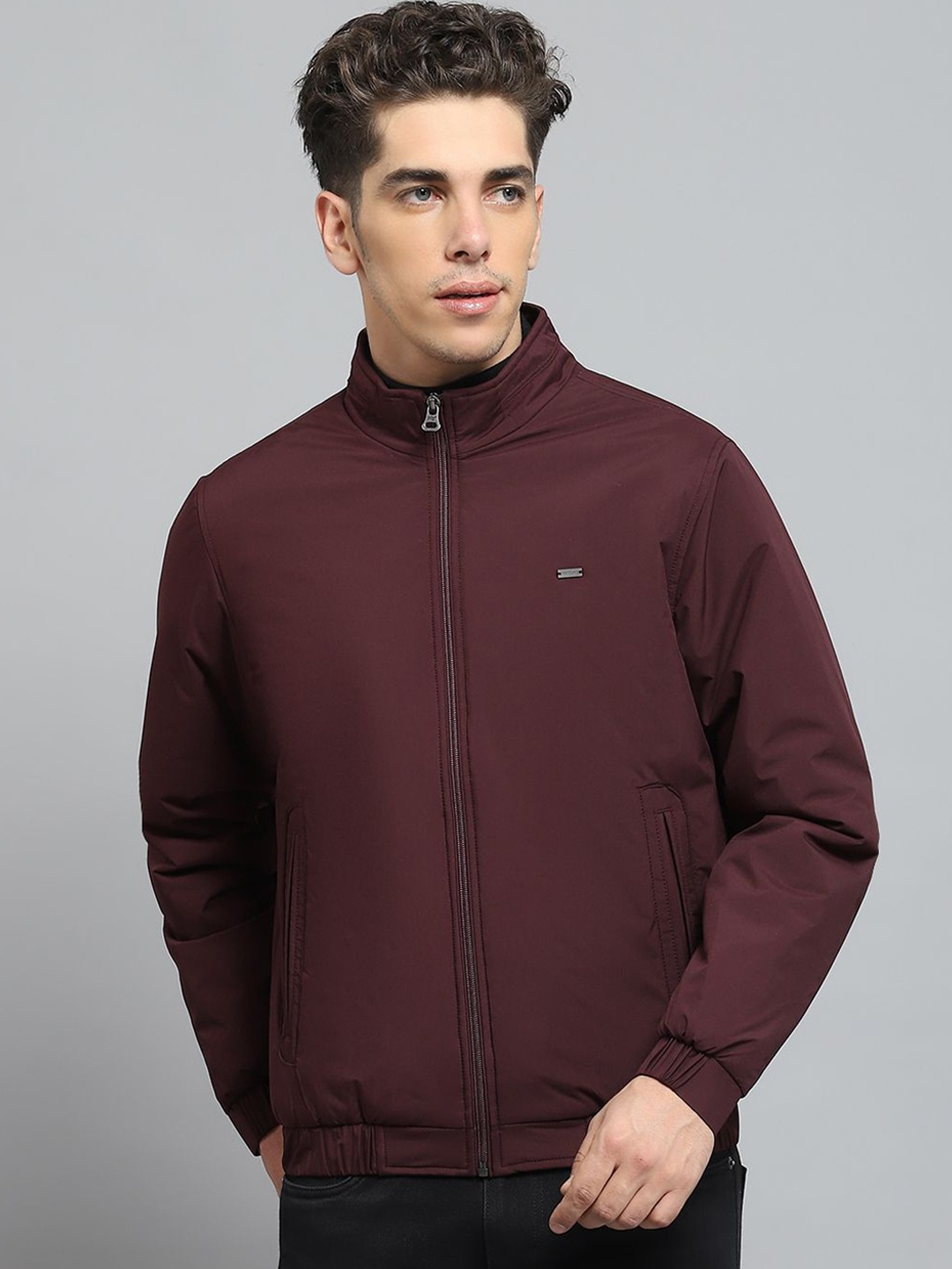 

Monte Carlo Men Mock Collar Solid Cotton Casual Lightweight Bomber Jacket, Maroon