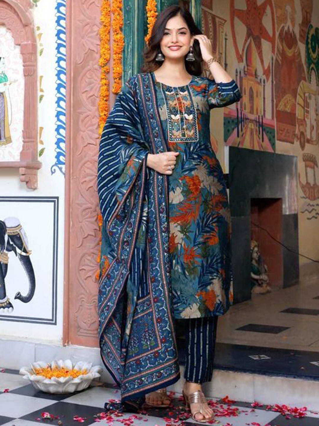 

BAESD Floral Printed Round Neck Mirror Work Straight Kurta With Trousers & Dupatta, Blue