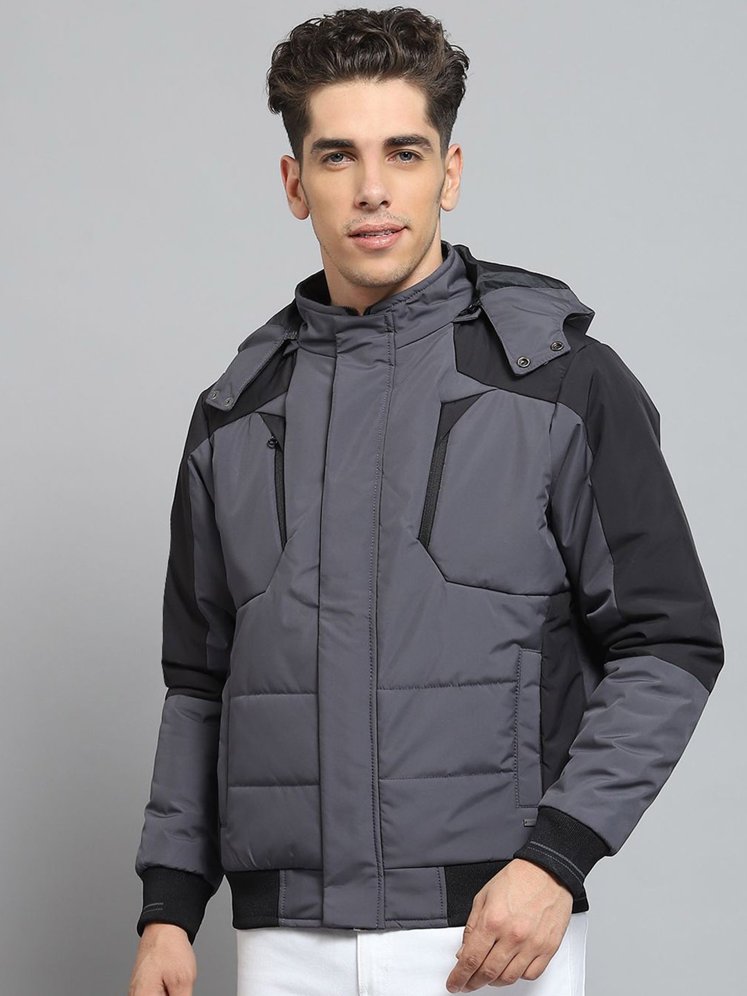 

Monte Carlo Men Hooded Colourblocked Casual Lightweight Padded Jacket, Grey