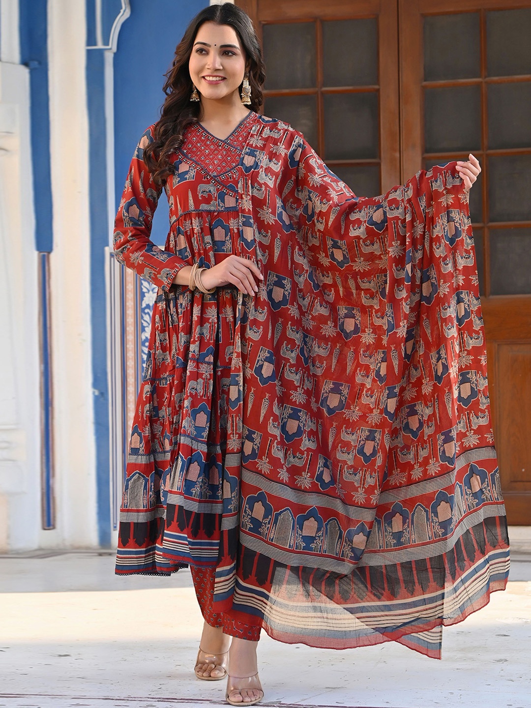 

Vbuyz Ethnic Motifs Printed V-Neck Pure Cotton Anarkali Kurta With Trouser & Dupatta, Maroon