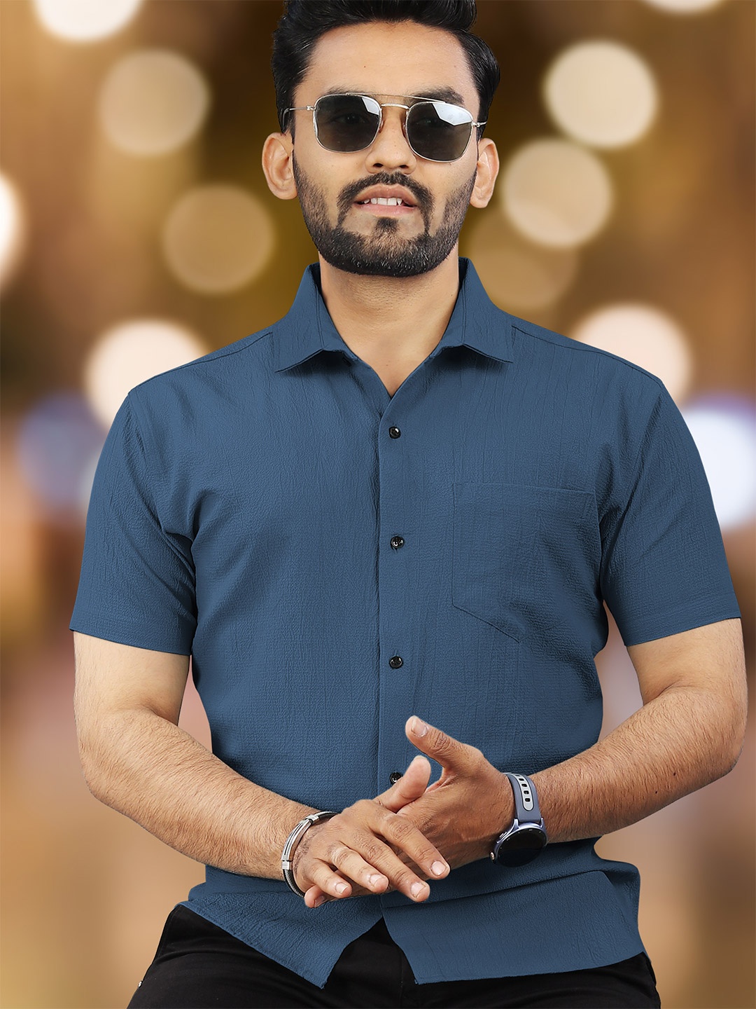 

VeBNoR Men Standard Fit Textured Spread Collar Casual Shirt, Blue