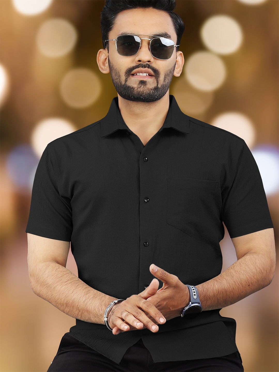 

VeBNoR Men Standard Textured Spread Collar Casual Shirt, Black