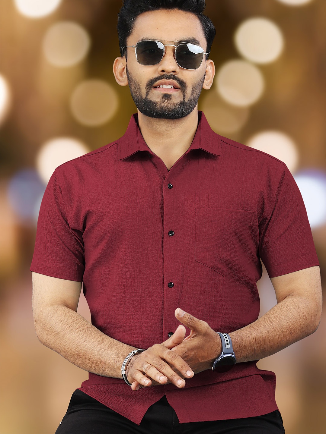 

VeBNoR Men Standard Fit Textured Spread Collar Casual Shirt, Maroon