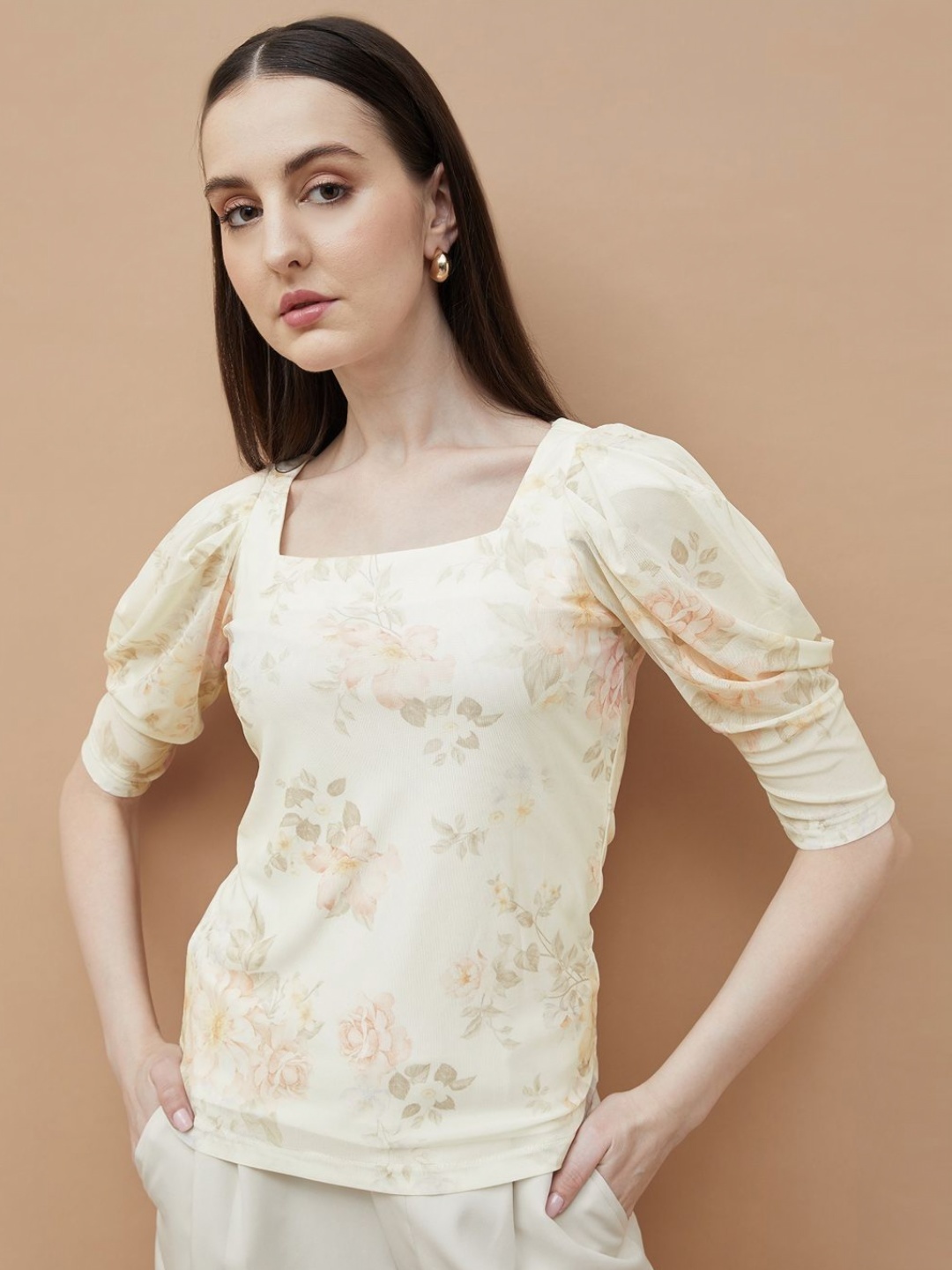 

CODE by Lifestyle Women Floral Printed Puff Sleeves Casual Top, Off white