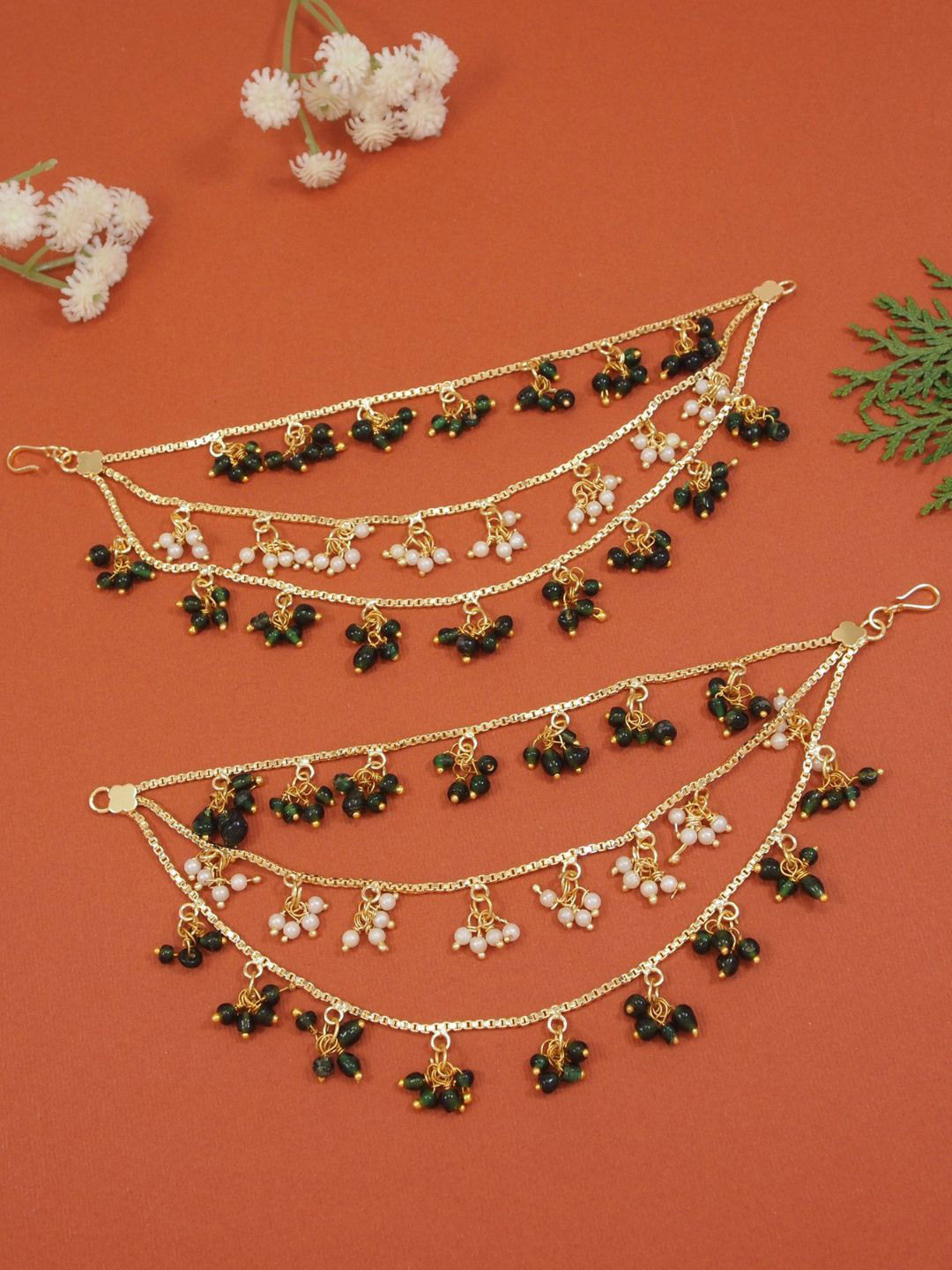 

I Jewels Gold Plated Contemporary Pearl Hair Chain/Earchain Accessories, Black