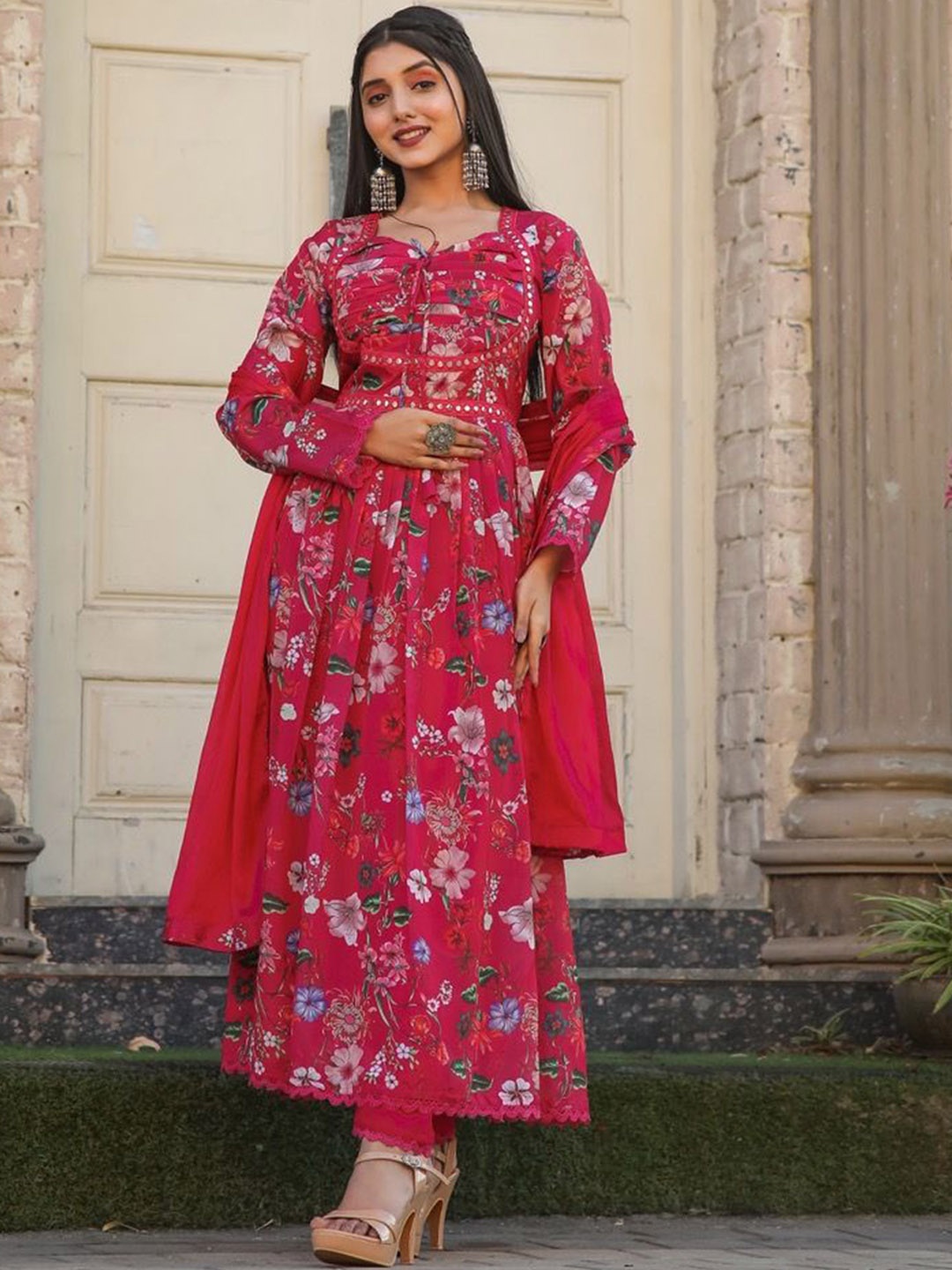 

FVD Floral Printed Mirror Work Sweetheart Neck Anarkali Kurta With Trousers & Dupatta, Red