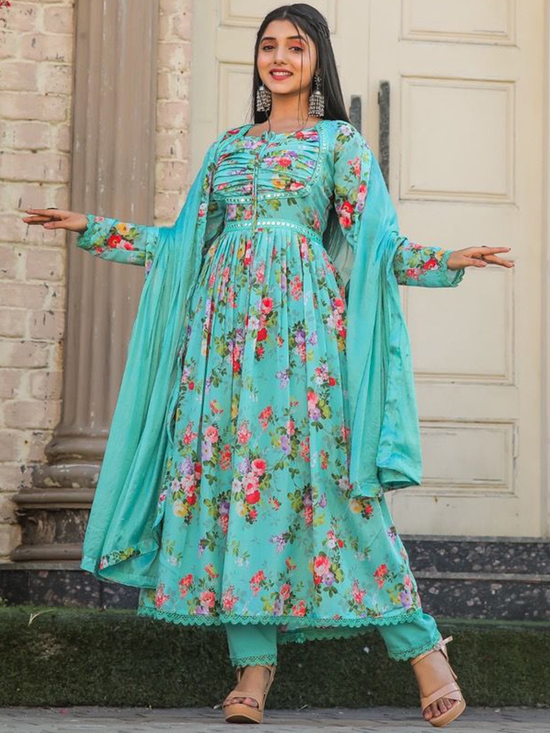 

FVD Floral Printed Mirror Work Sweetheart Neck Anarkali Kurta With Trousers & Dupatta, Blue