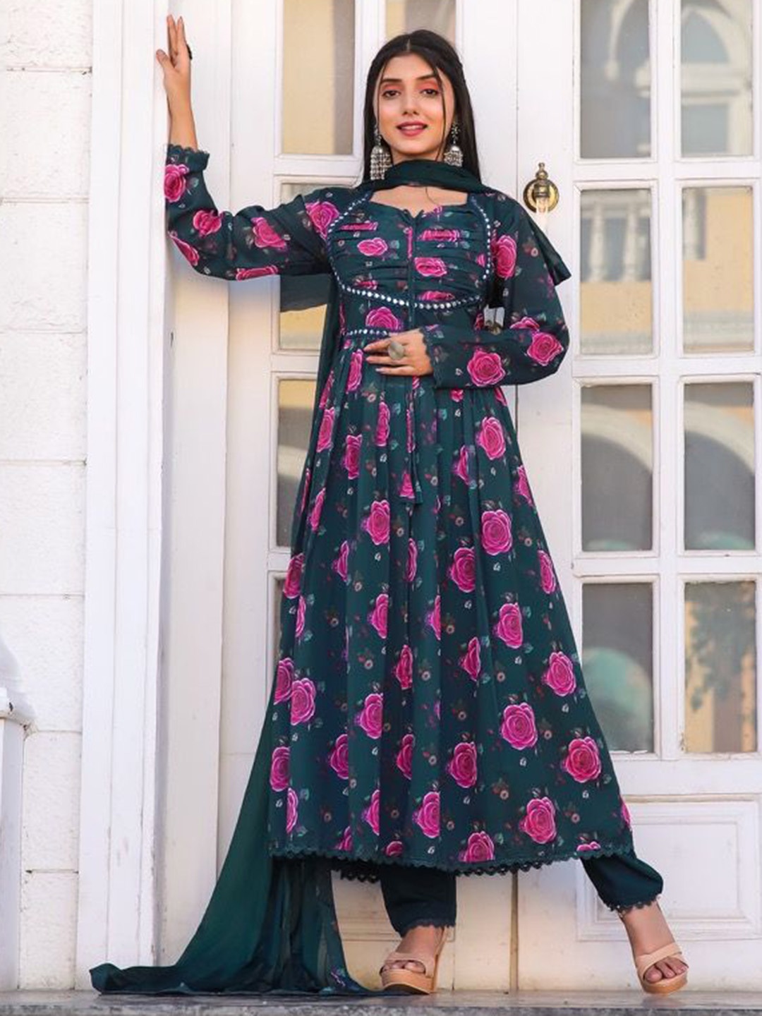 

FVD Floral Printed Mirror Work Sweetheart Neck Anarkali Kurta With Trousers & Dupatta, Navy blue