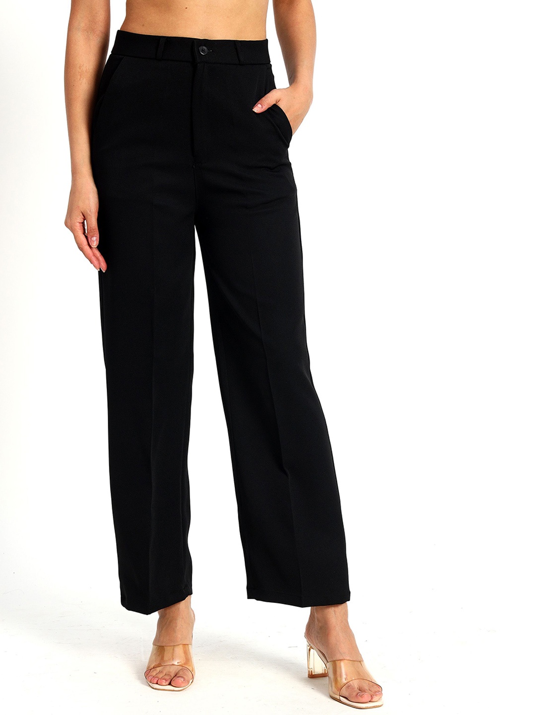 

Peikh Women Straight Fit Parallel Trousers, Black