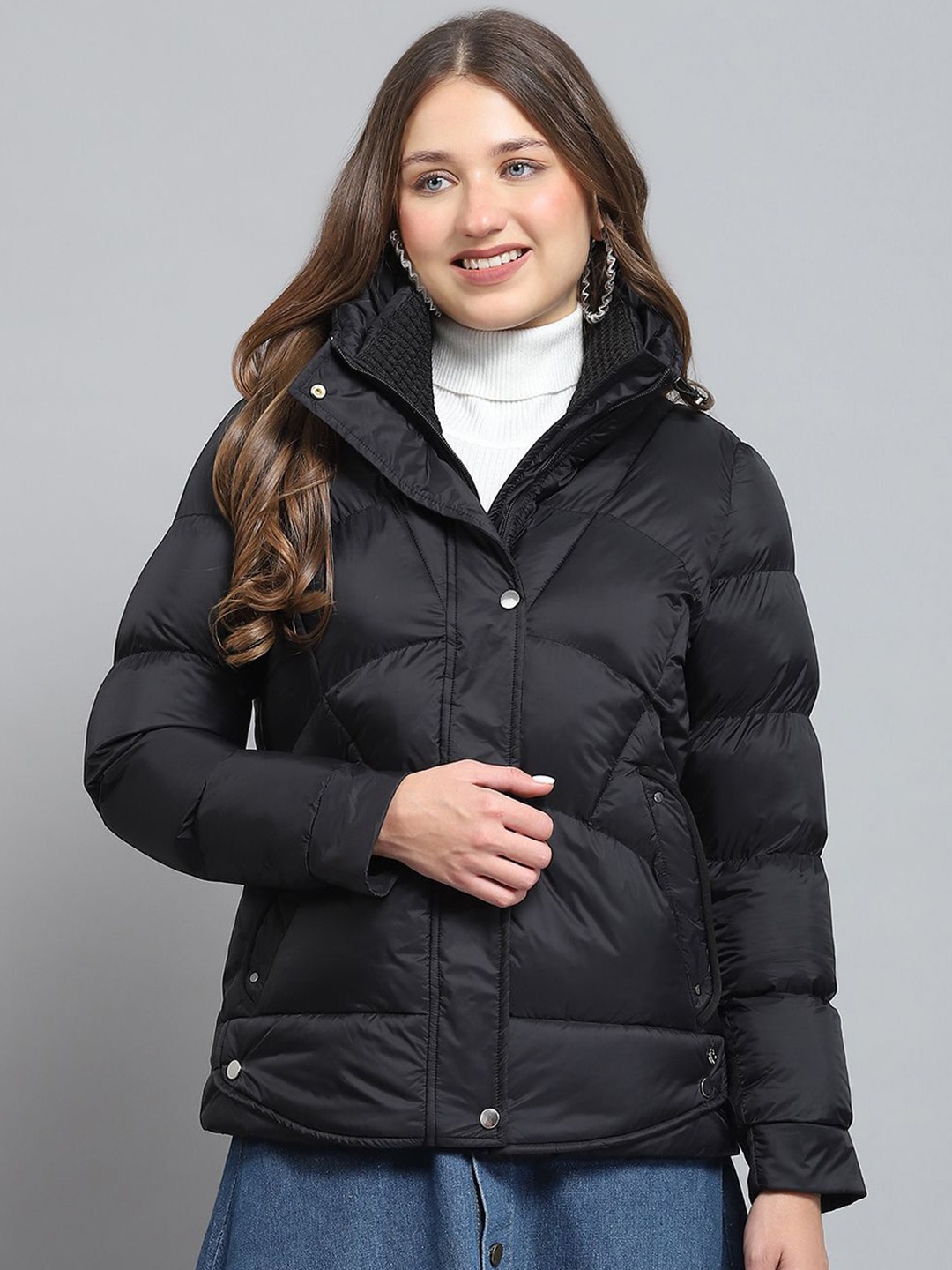 

Monte Carlo Women Mock Collar Solid Casual Lightweight Puffer Jacket, Black