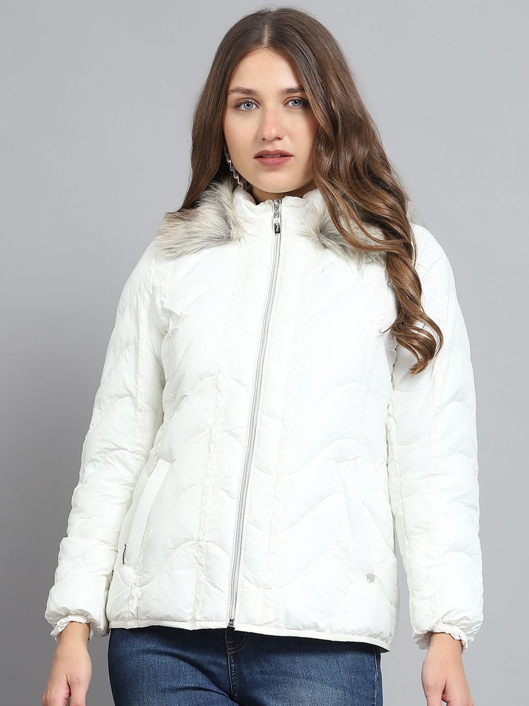 

Monte Carlo Women Mock Collar Self Design Casual Lightweight Parka Jacket, Off white