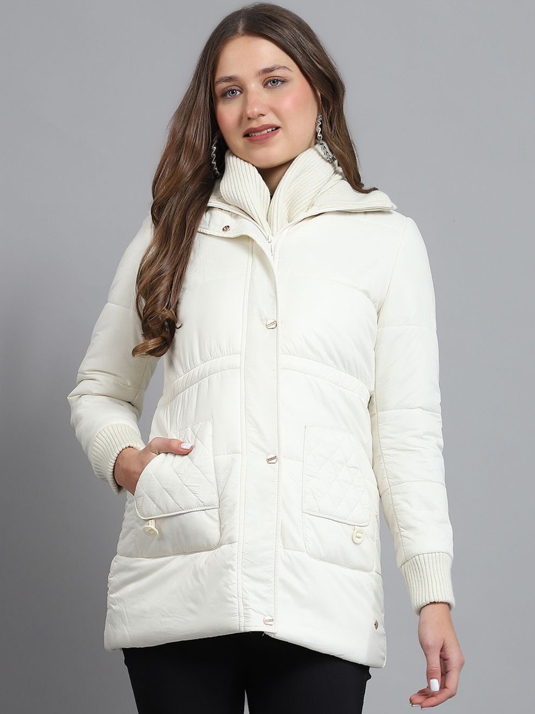 

Monte Carlo Women Mock Collar Solid Casual Lightweight Padded Jacket, Off white